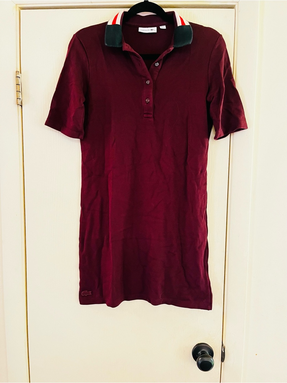 Lacoste Womens Slim Fit Pique Polo Dress XS 34 Burgundy Coastal Preppy Tennis